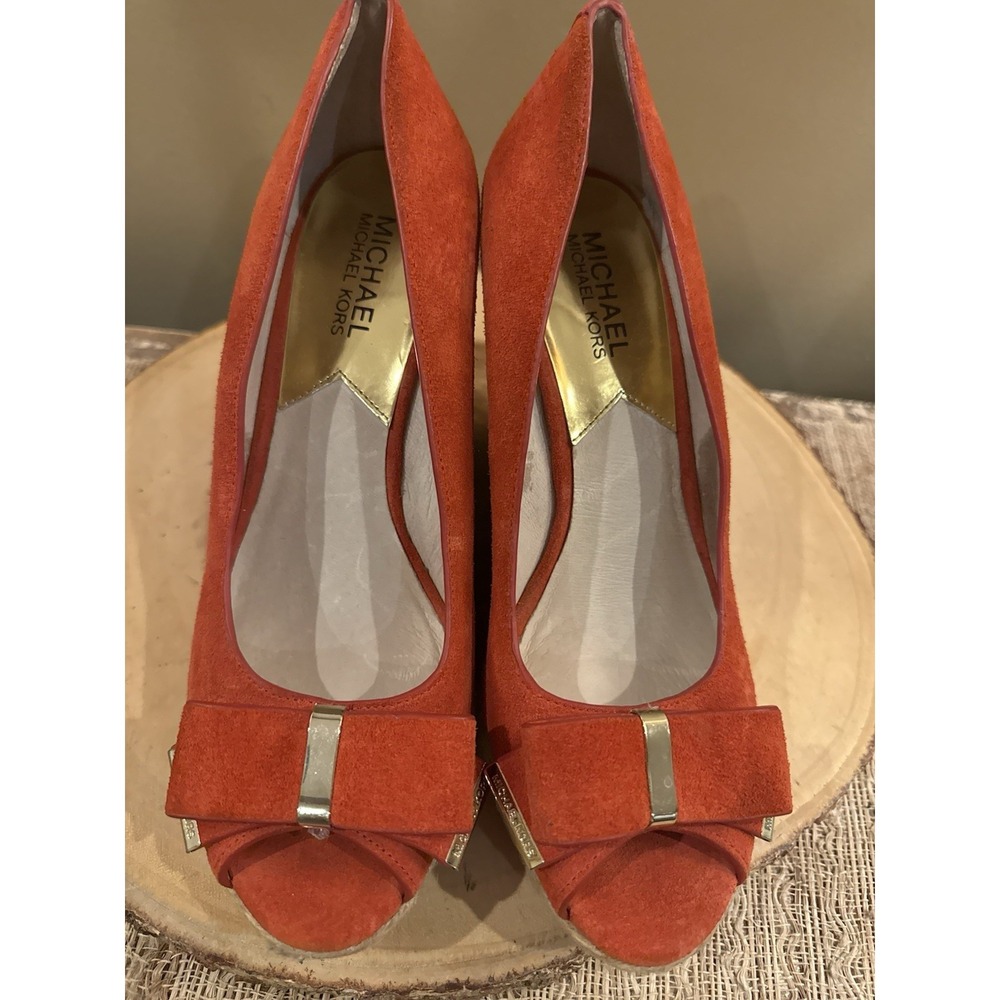 Michael Kors Bow Wedges Orange Slip On Espadrille Heels Size 8.5M Peep Toe Shoes - Picture 6 of 10